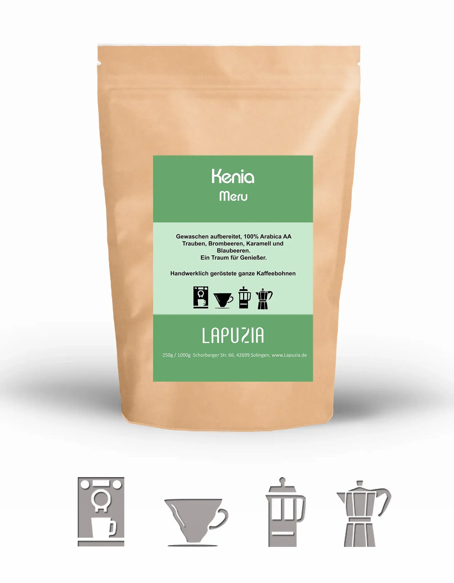 Kenia Meru whole bean coffee bag by Lapuzia with tasting notes and brewing icons