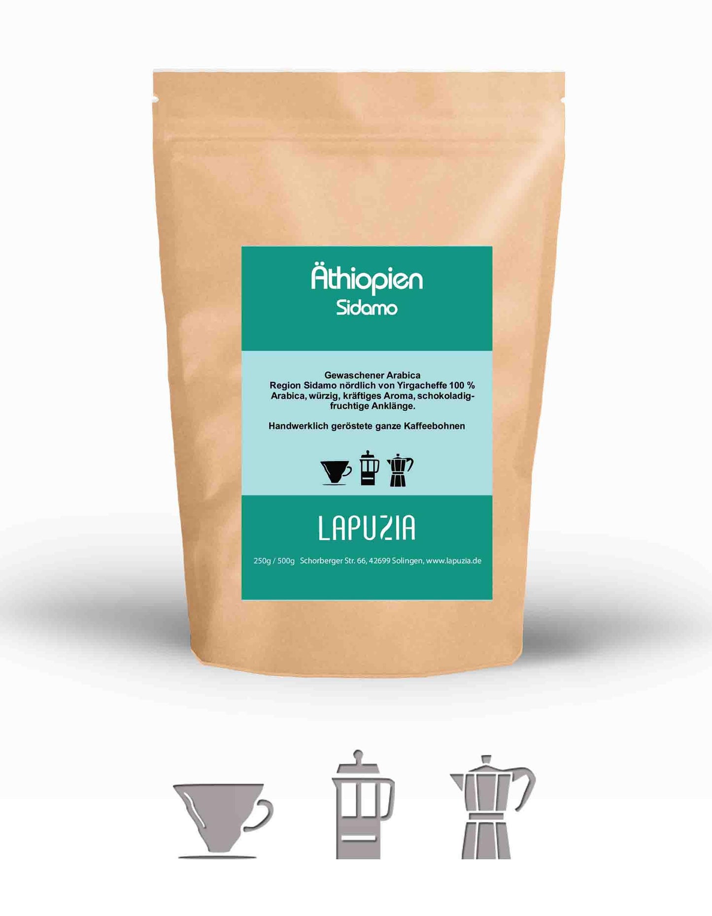 Bag of Lapuzia Äthiopien Sidamo Arabica coffee beans with brewing icons on white background