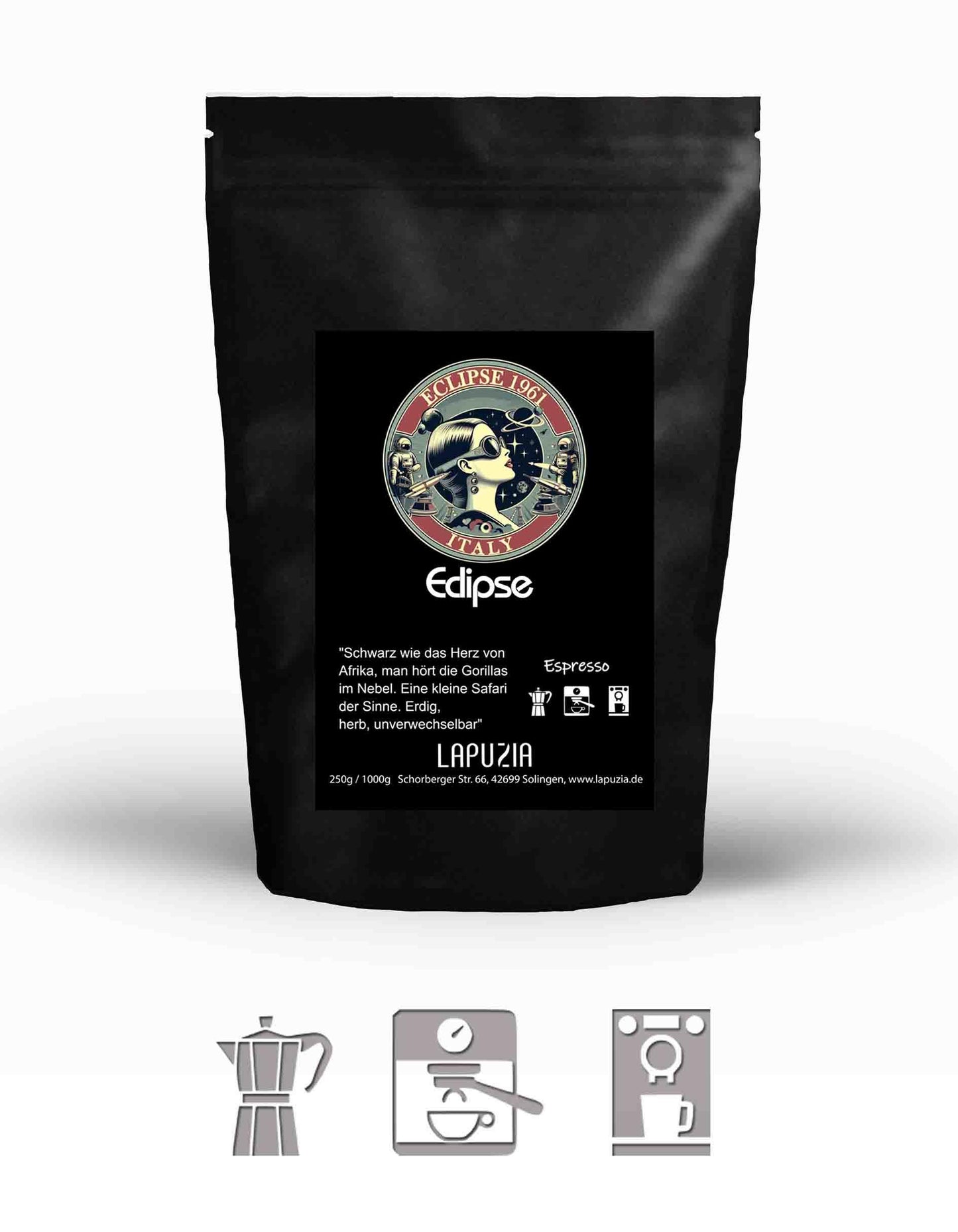 Black Eclipse coffee bag featuring retro woman logo, espresso roast, and brewing method icons