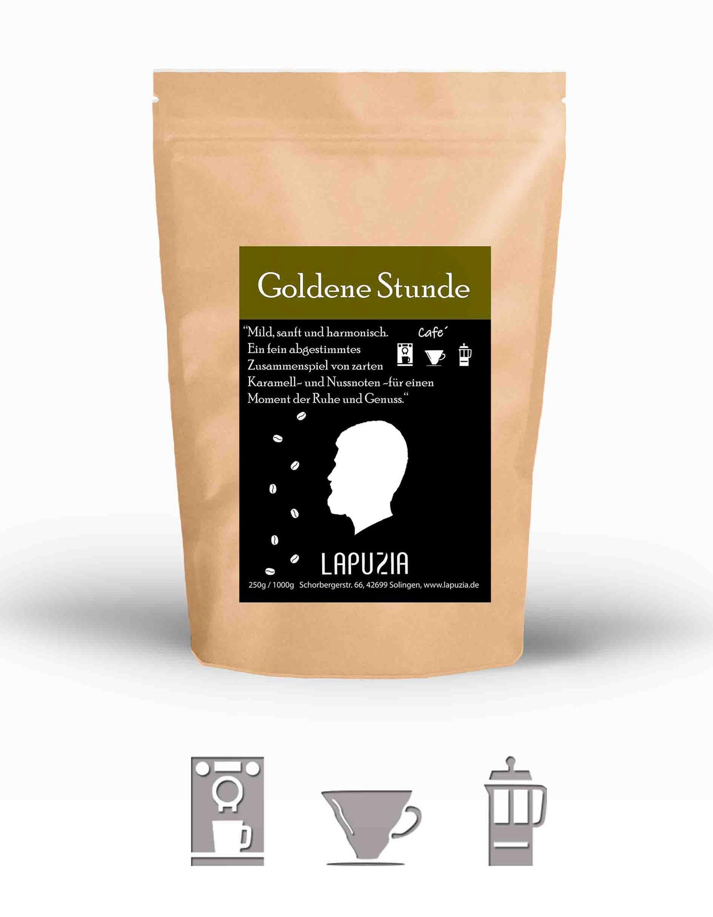 Lapuzia Goldene Stunde coffee with caramel and nut notes in kraft paper bag, compatible with espresso, drip, and French press