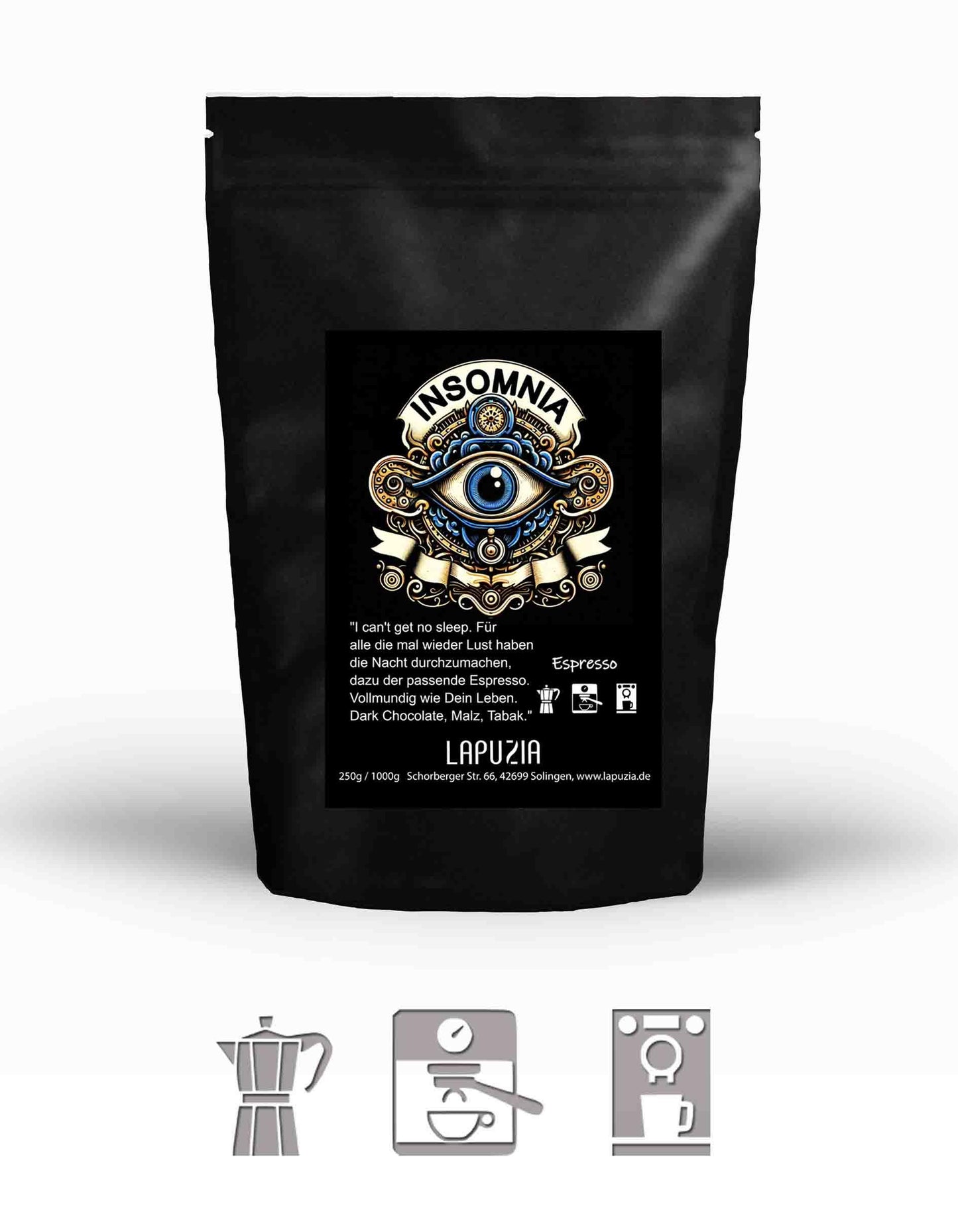 Black coffee bag labeled Insomnia with blue eye logo, espresso blend, dark chocolate notes