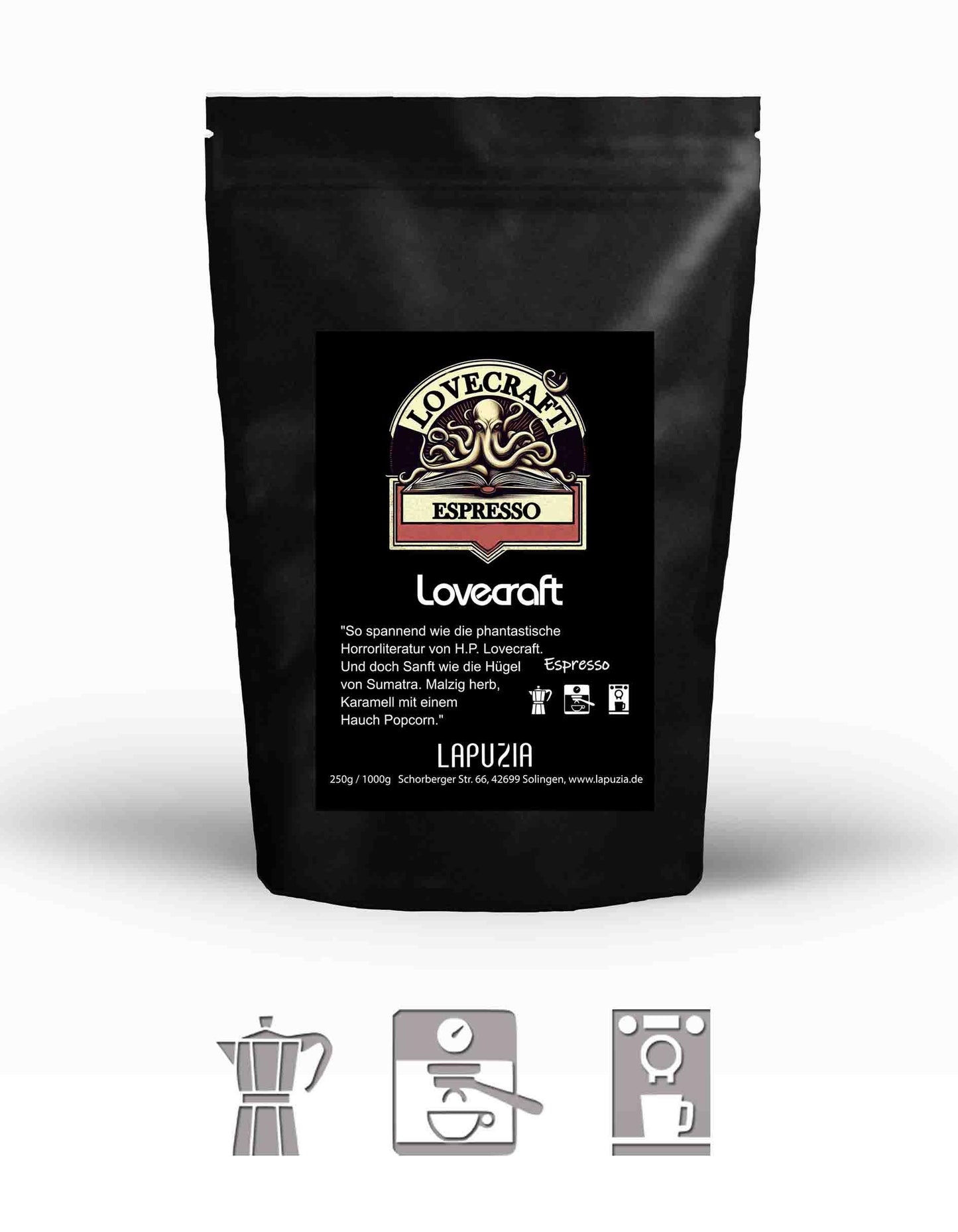 Black Lovecraft Espresso coffee bag with octopus logo, German text, and brewing icons