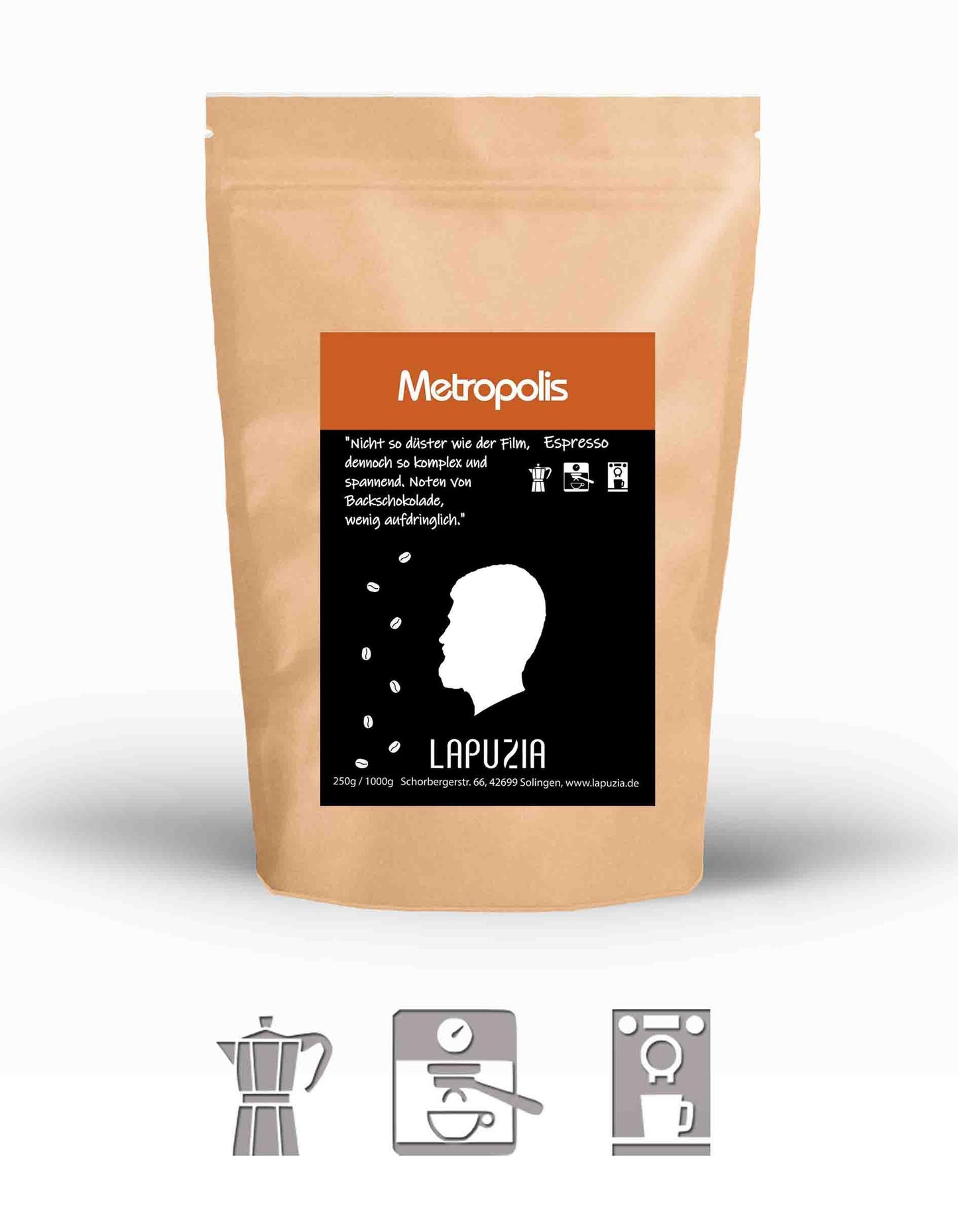 Brown paper bag of Metropolis espresso coffee with black label featuring coffee beans and brewing icons