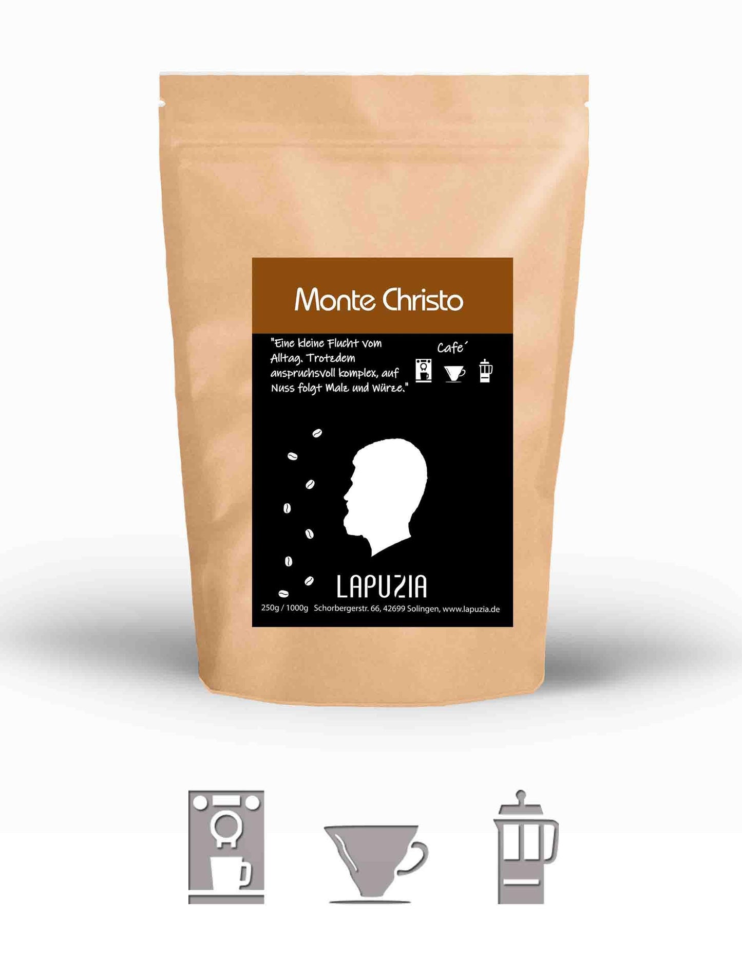 Brown paper coffee bag labeled Monte Christo by LAPUZIA with coffee bean and brewing method icons