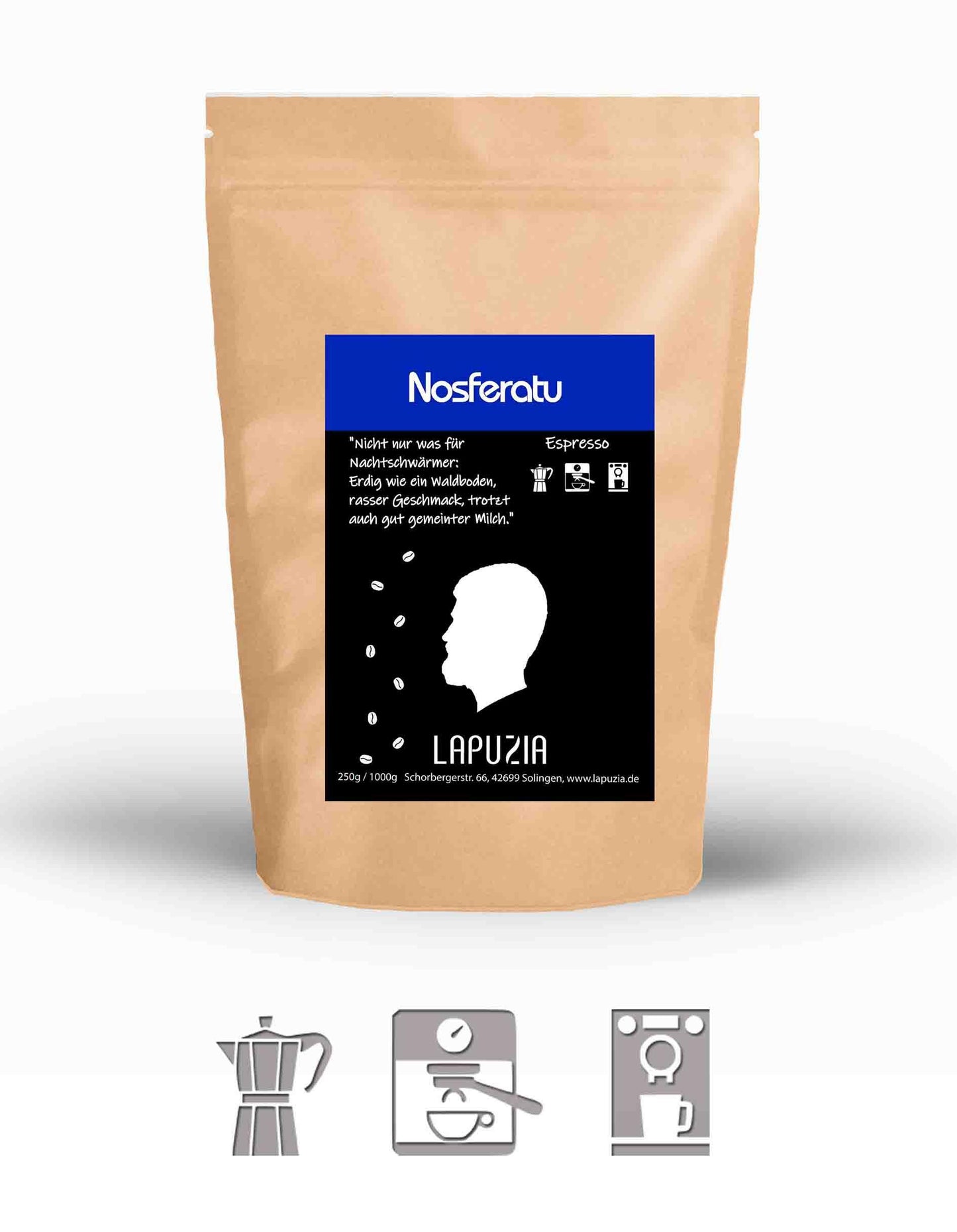 Brown coffee bag labeled Nosferatu espresso by Lapuzia with silhouette and coffee beans icons