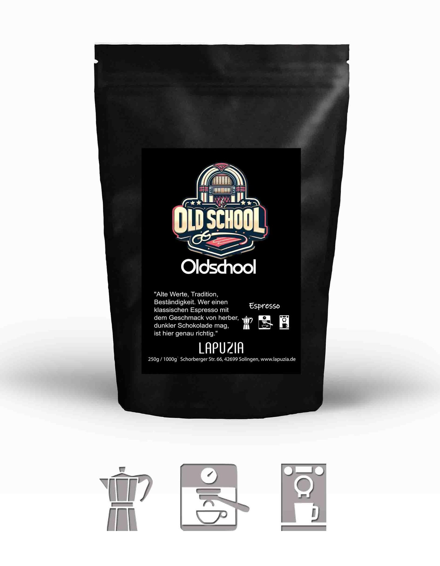 Black coffee bag labeled Old School espresso by Lapuzia with vintage jukebox logo and brewing icons