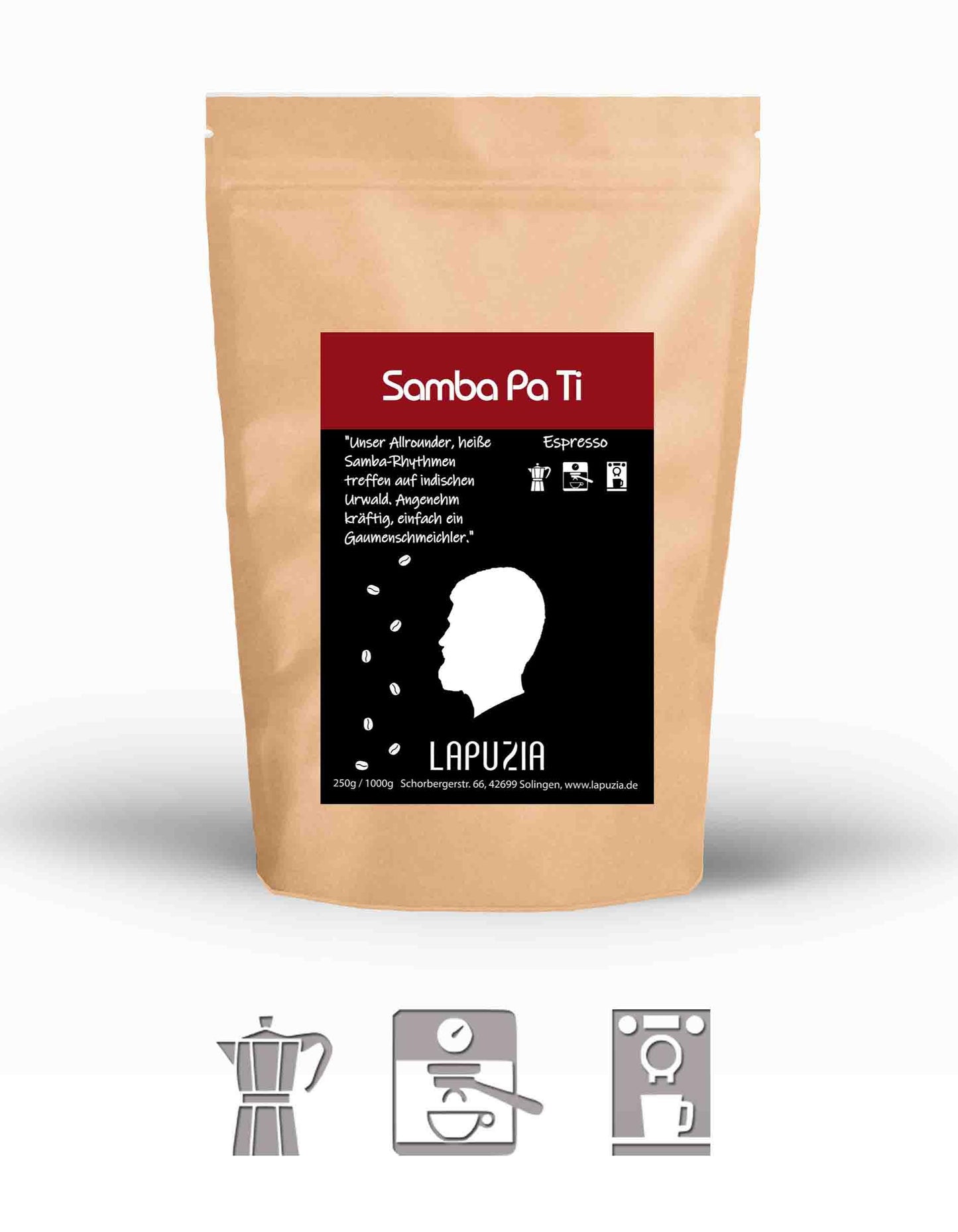 Samba Pa Ti espresso coffee bag by Lapuzia with silhouette and coffee beans on black label