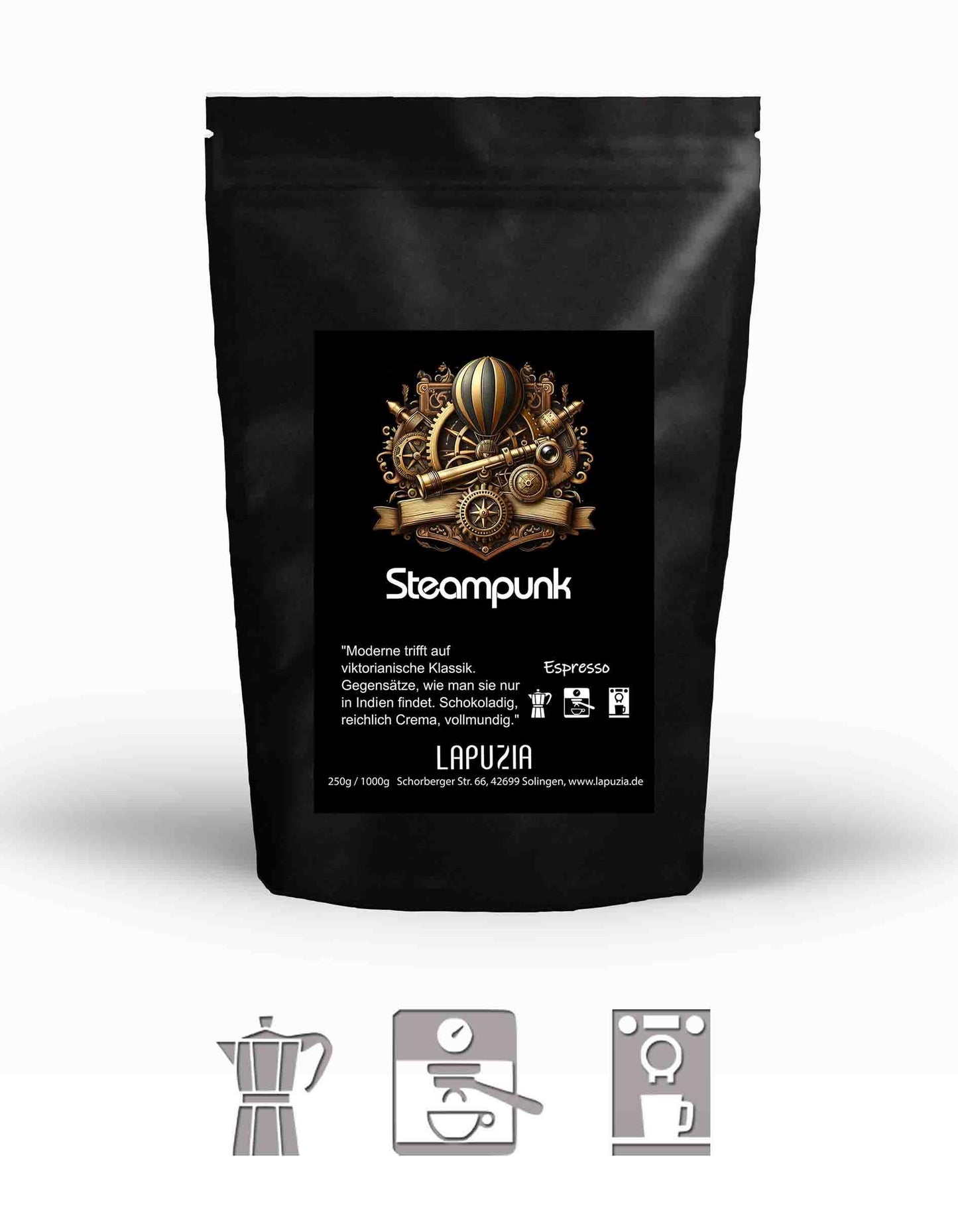 Black bag of Steampunk espresso coffee with steampunk design and brewing icons