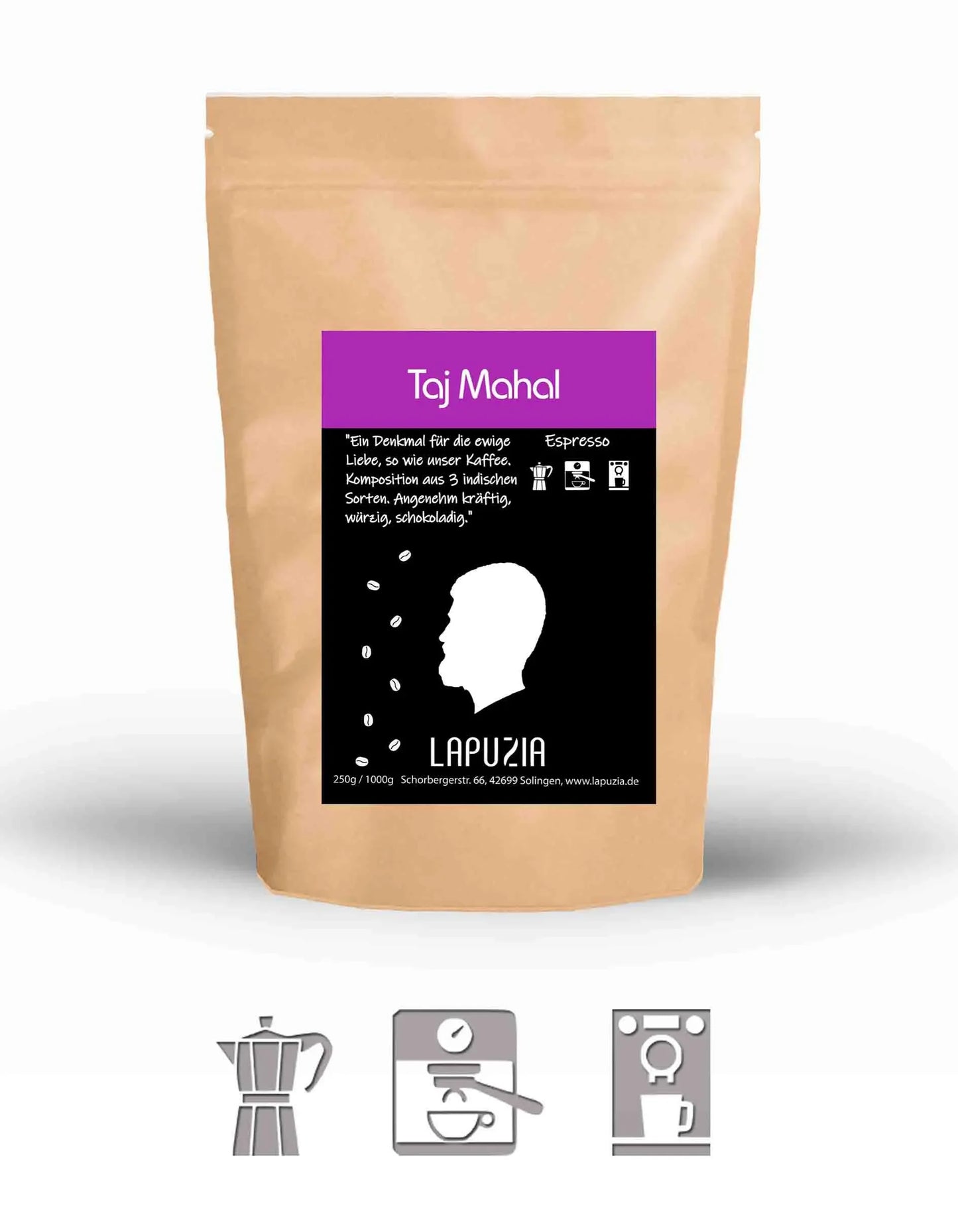Taj Mahal espresso coffee bag from Lapuzia with description and brewing icons