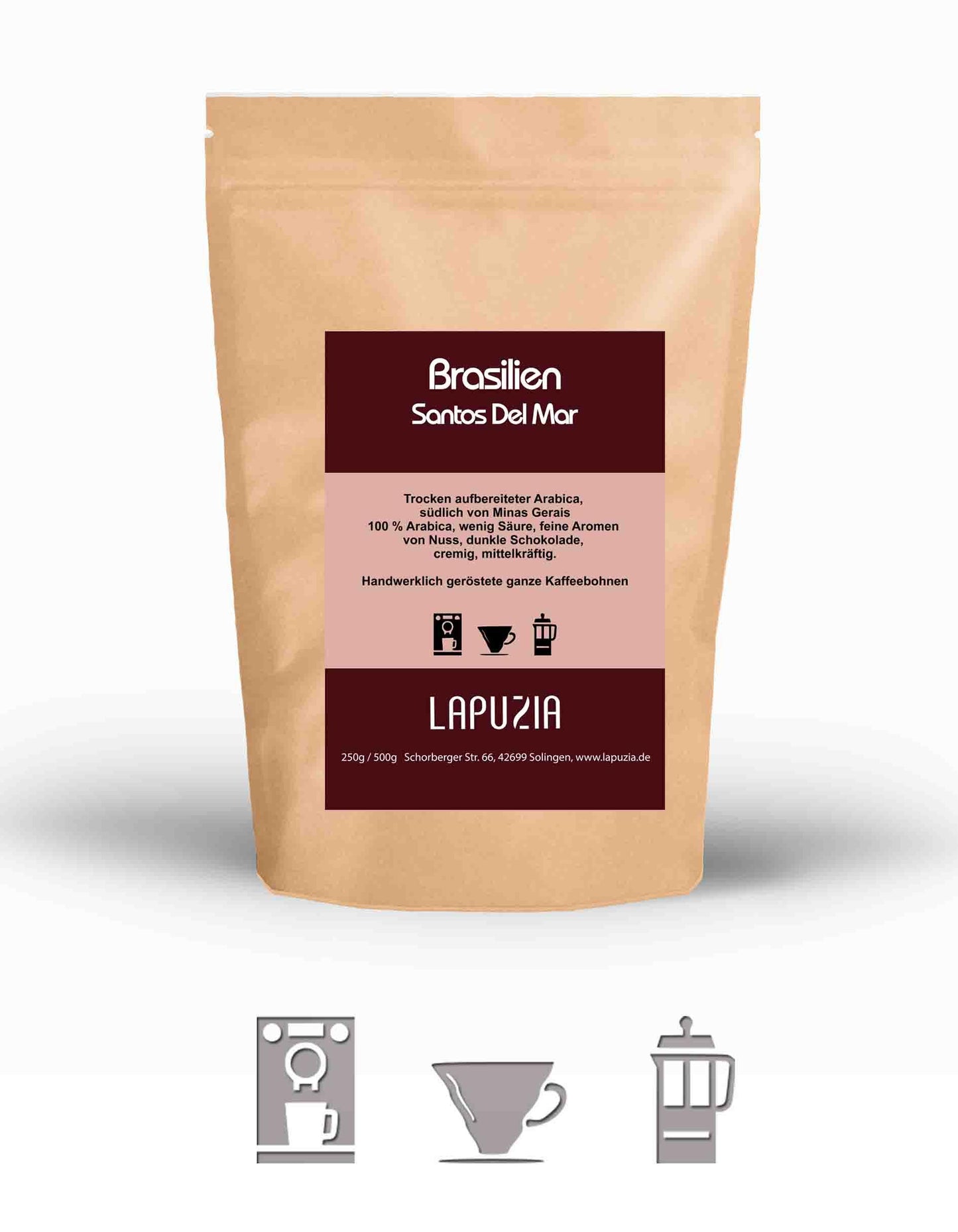 Lapuzia Brasilien Santos Del Mar coffee beans bag with brewing method icons