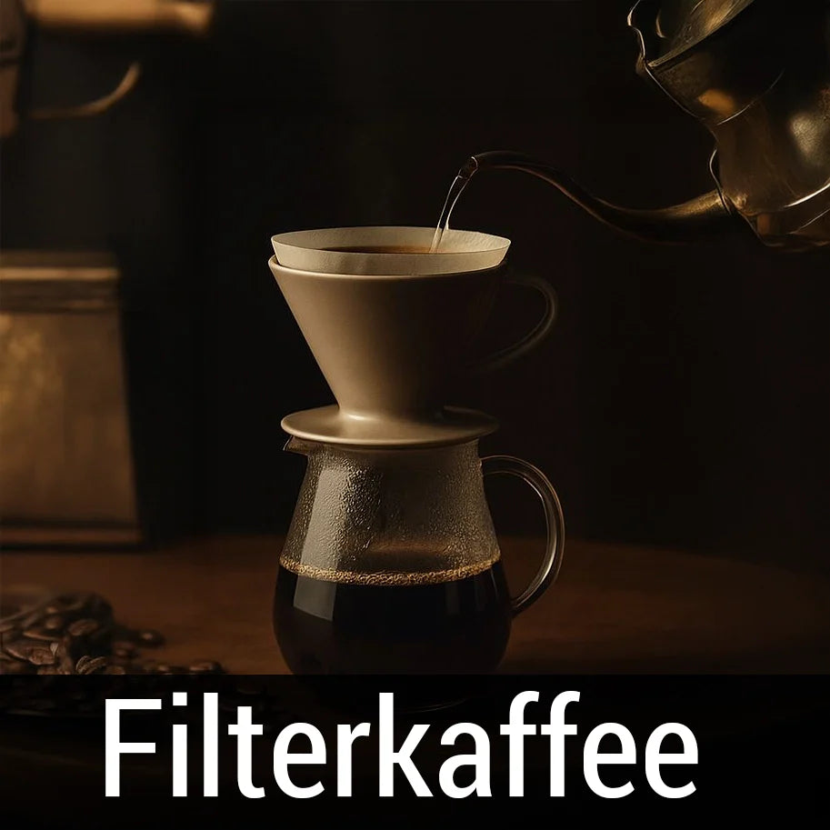 Brewing fresh filter coffee with paper drip filter and gooseneck kettle in warm light