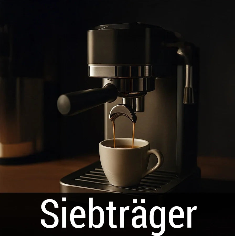 Black espresso machine brewing coffee into a white cup on a dark background