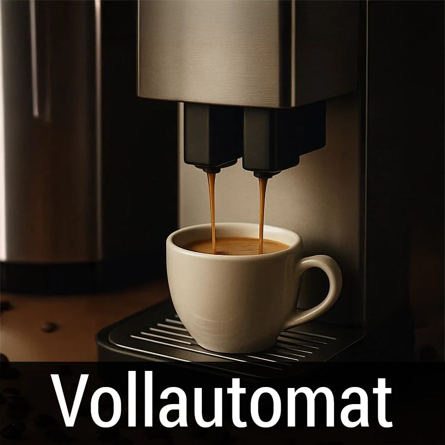 Automatic coffee machine brewing espresso into a white ceramic cup on drip tray