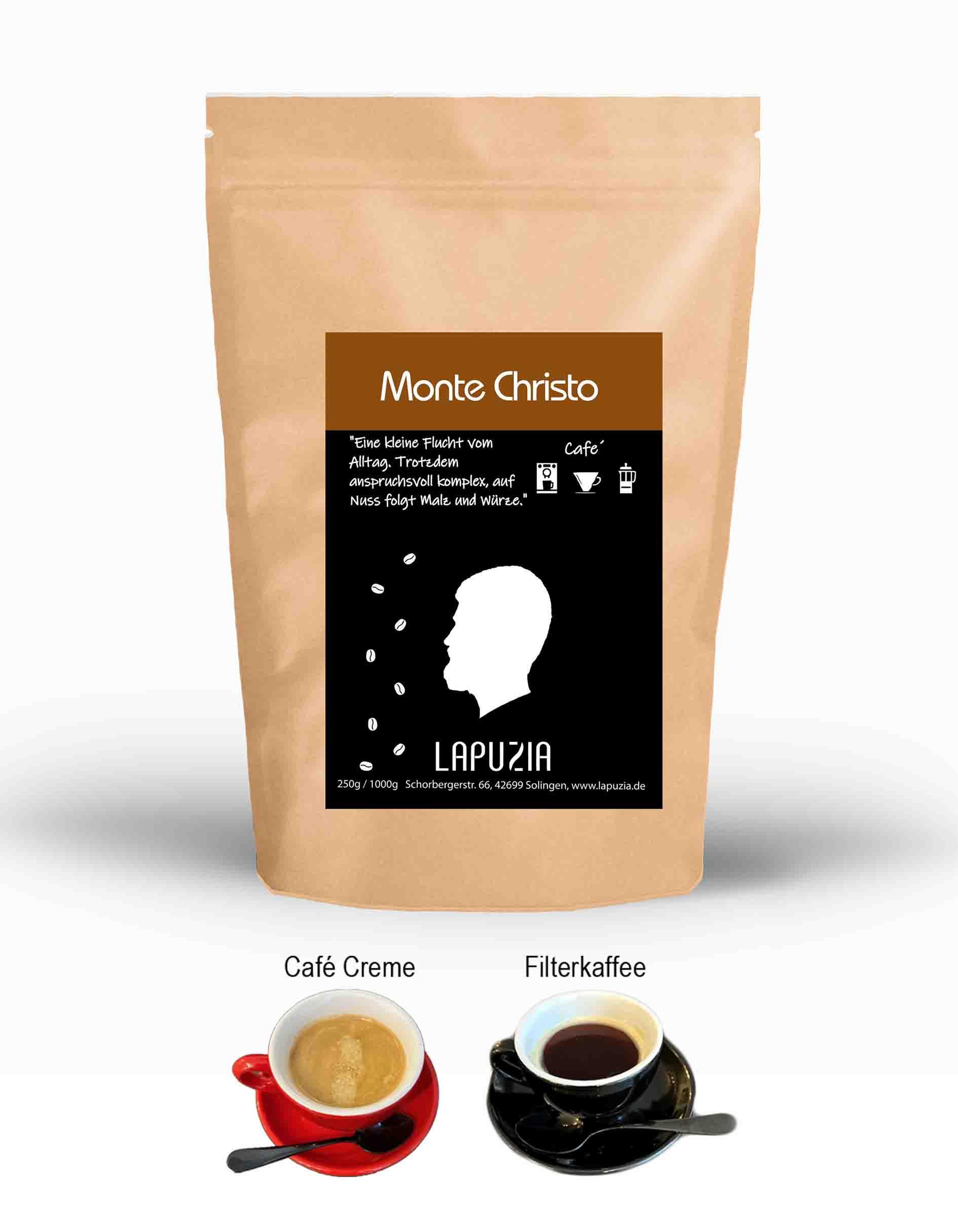 Monte Christo coffee bag by Lapuzia with Café Creme and Filterkaffee cups below