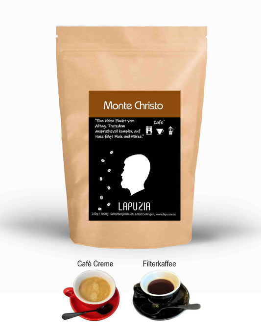Monte Christo coffee bag by Lapuzia with Café Creme and Filterkaffee cups below