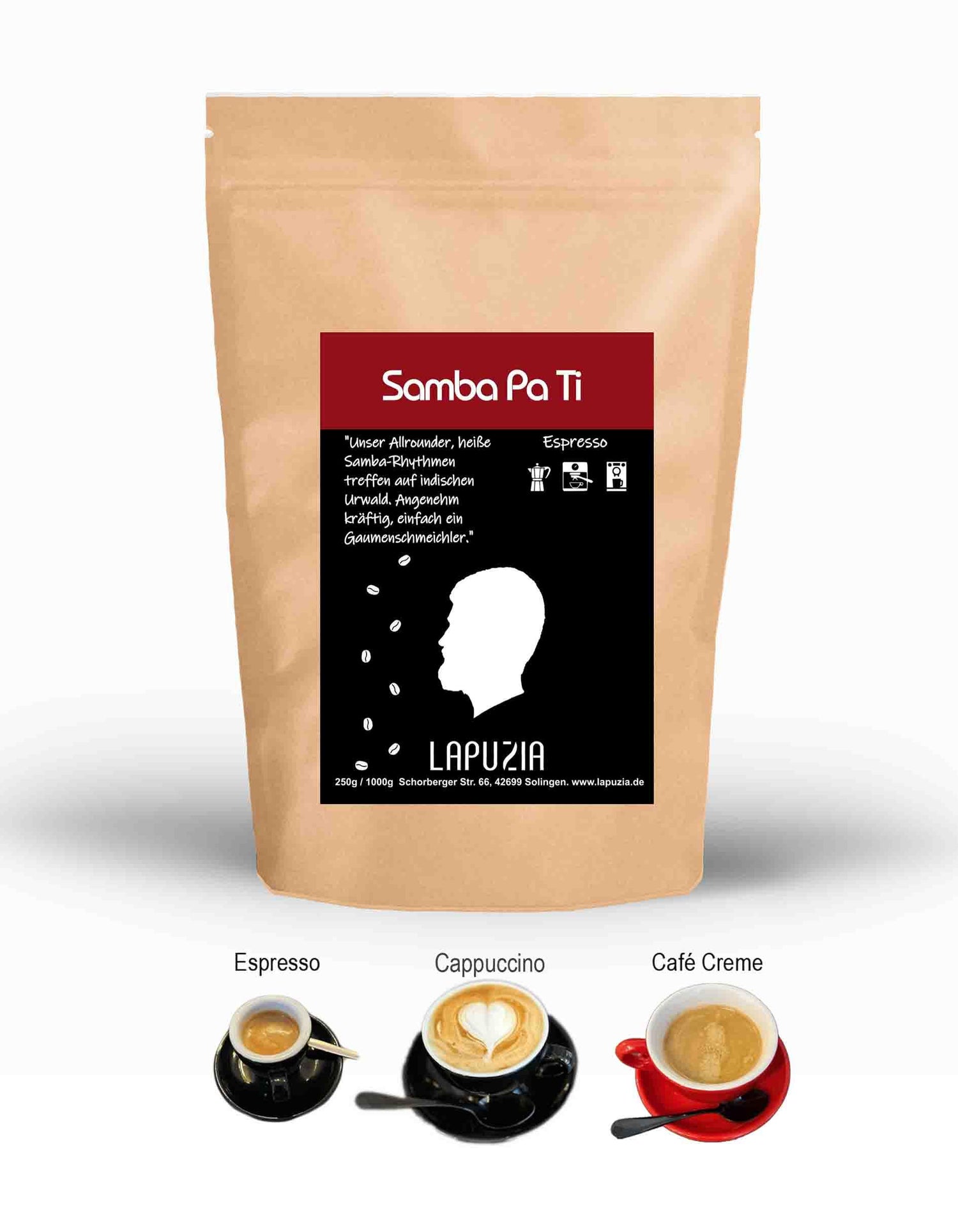 Samba Pa Ti coffee bag with espresso, cappuccino, and café creme cups below